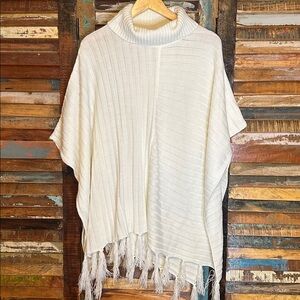 The Limited Cream Knit Cowl Neck Poncho with fringe hem layers winter